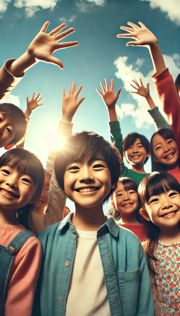 DALL·E 2025-03-18 15.14.47 - A group of Japanese children smiling brightly under a clear blue sky, raising their hands with joy and hope. The children have cheerful, expressive fa